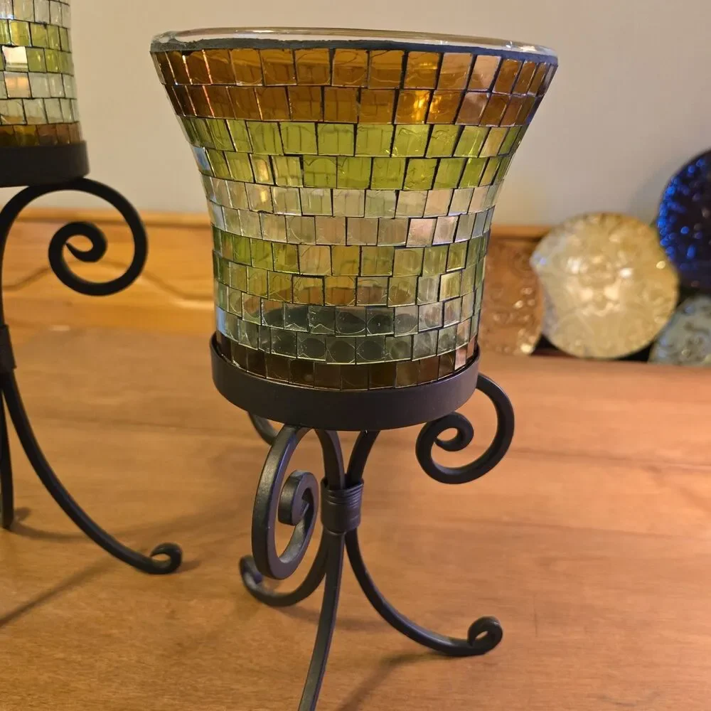 Set Of 2 Partylite Amber Green Mosaic Glass & Iron Global Fusion Candle Holders - Picture 3 of 8
